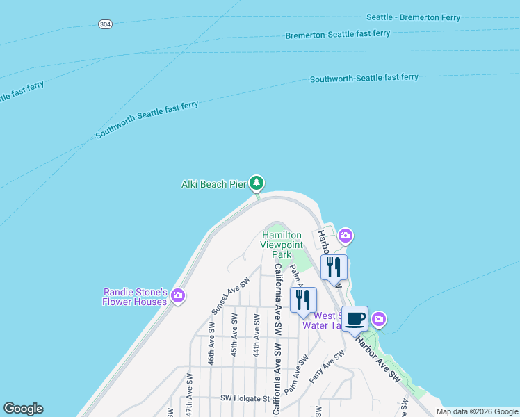 map of restaurants, bars, coffee shops, grocery stores, and more near 37 Alki Trail in Seattle