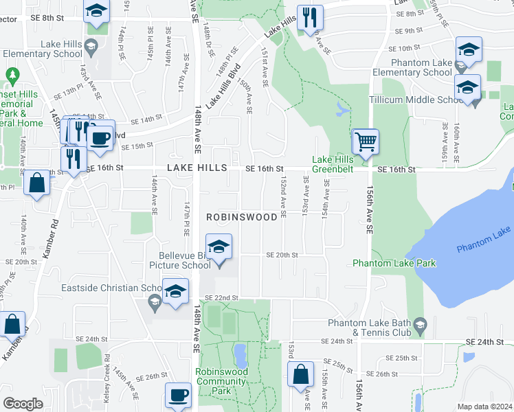 map of restaurants, bars, coffee shops, grocery stores, and more near 1657 151st Avenue Southeast in Bellevue
