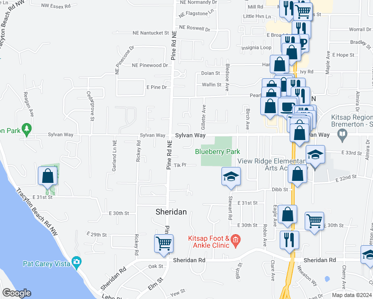 map of restaurants, bars, coffee shops, grocery stores, and more near 681 N Park Ln in Bremerton