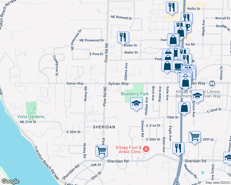 map of restaurants, bars, coffee shops, grocery stores, and more near 677 Northpark Lane in Bremerton