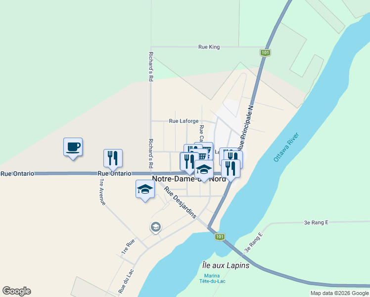 map of restaurants, bars, coffee shops, grocery stores, and more near 26 Rue Leblanc in Notre-Dame-du-Nord