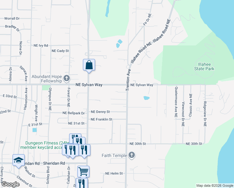 map of restaurants, bars, coffee shops, grocery stores, and more near 2527 Northeast Strassburg Street in Bremerton