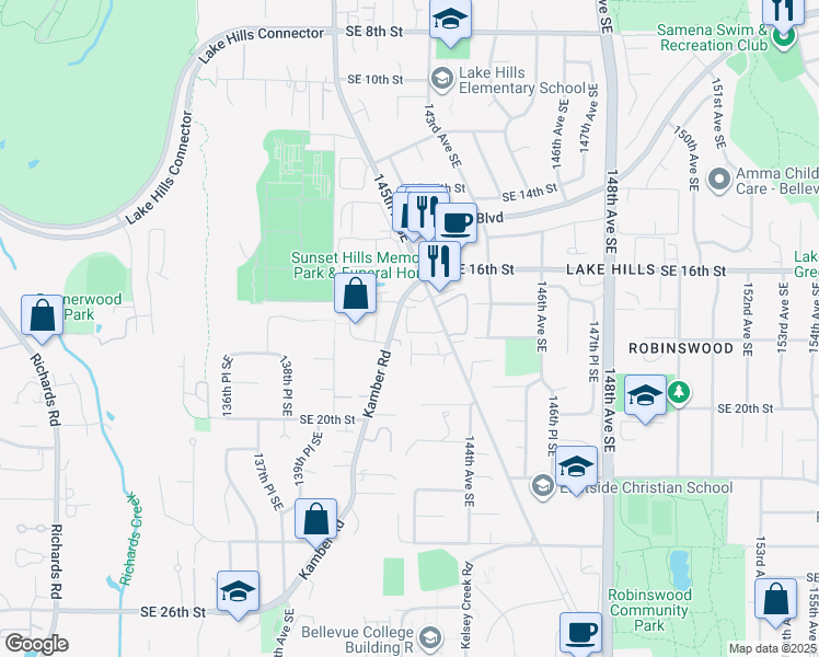 map of restaurants, bars, coffee shops, grocery stores, and more near 14260 Southeast 18th Street in Bellevue