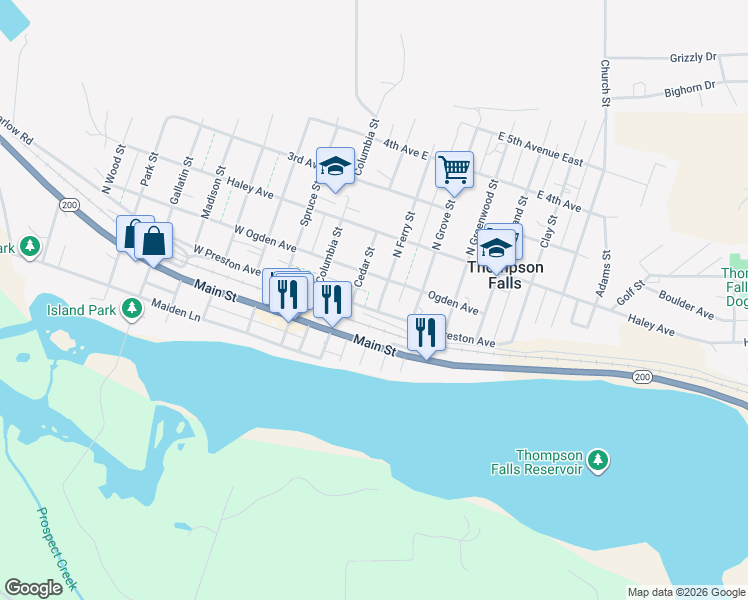 map of restaurants, bars, coffee shops, grocery stores, and more near 132-198 N Ferry St in Thompson Falls