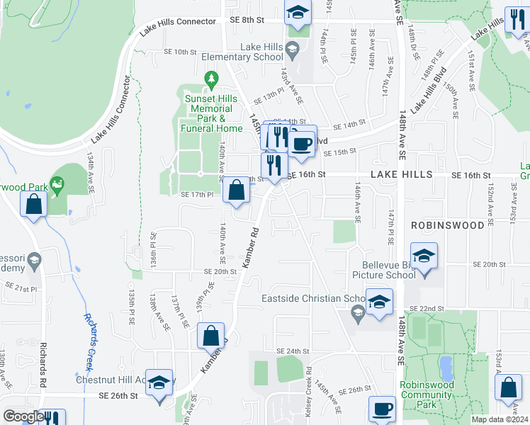 map of restaurants, bars, coffee shops, grocery stores, and more near 1780 Kamber Road in Bellevue