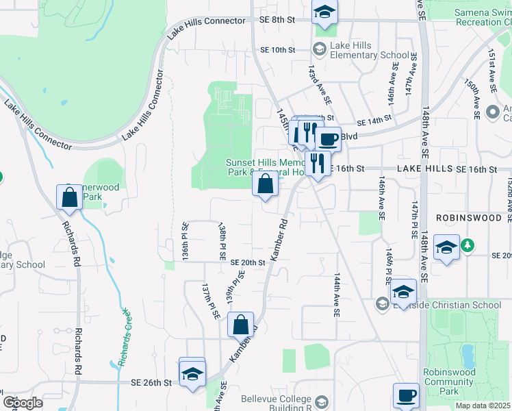 map of restaurants, bars, coffee shops, grocery stores, and more near 1730 140th Court Southeast in Bellevue