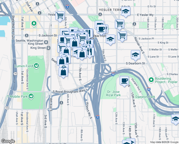 map of restaurants, bars, coffee shops, grocery stores, and more near 805 South Charles Street in Seattle