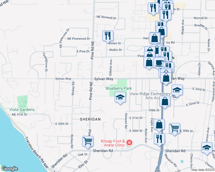 map of restaurants, bars, coffee shops, grocery stores, and more near 685 Sylvan Way in Bremerton