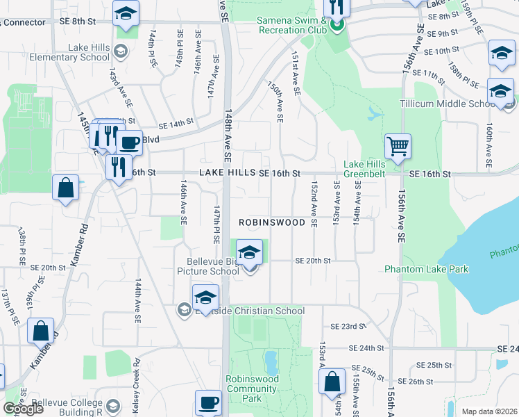 map of restaurants, bars, coffee shops, grocery stores, and more near 1717 150th Avenue Southeast in Bellevue