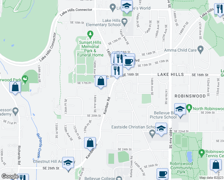 map of restaurants, bars, coffee shops, grocery stores, and more near 1780 Kamber Road in Bellevue