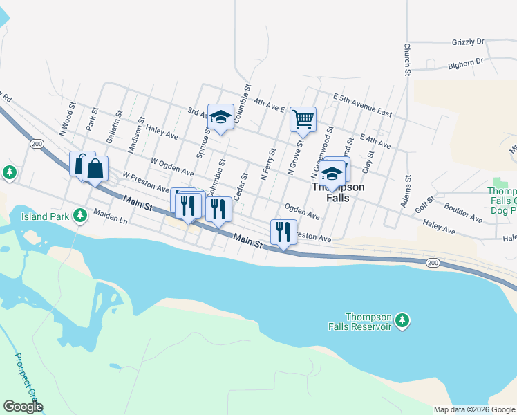 map of restaurants, bars, coffee shops, grocery stores, and more near 132 North Ferry Street in Thompson Falls