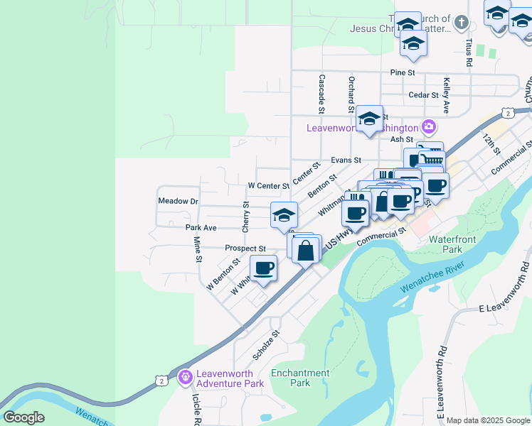 map of restaurants, bars, coffee shops, grocery stores, and more near 135 West Street in Leavenworth