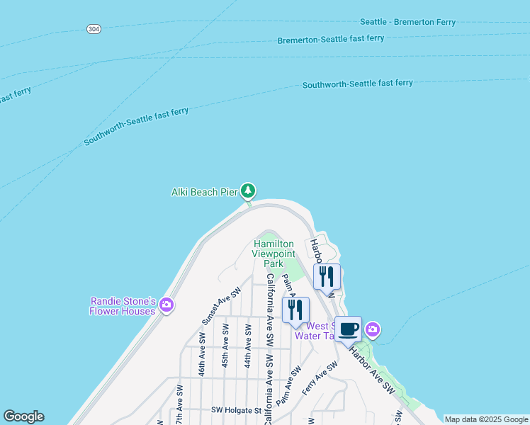 map of restaurants, bars, coffee shops, grocery stores, and more near 1140 Alki Avenue Southwest in Seattle