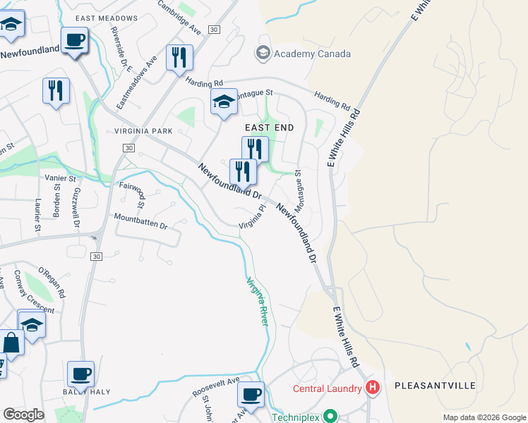 map of restaurants, bars, coffee shops, grocery stores, and more near 5 Virginia Place in St. John's