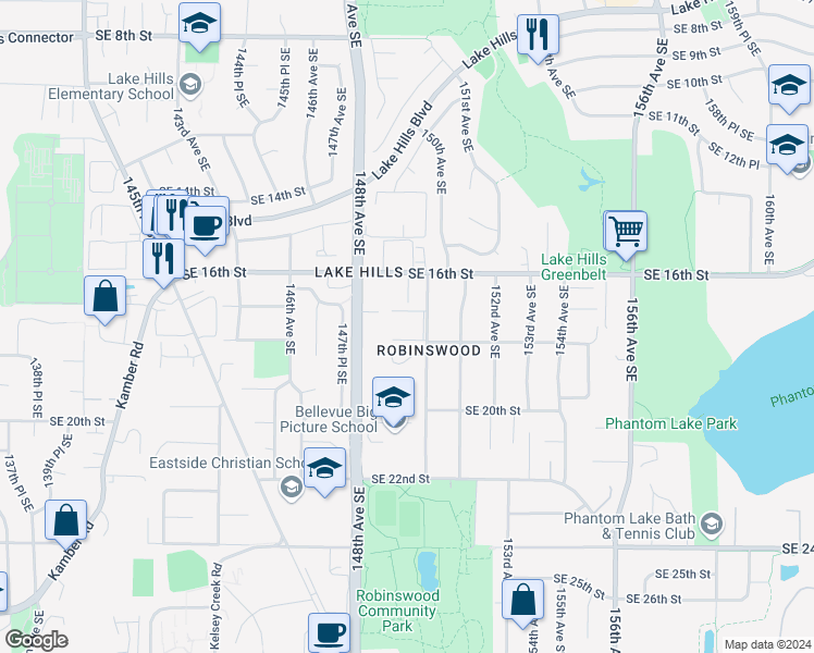 map of restaurants, bars, coffee shops, grocery stores, and more near 1717 150th Avenue Southeast in Bellevue