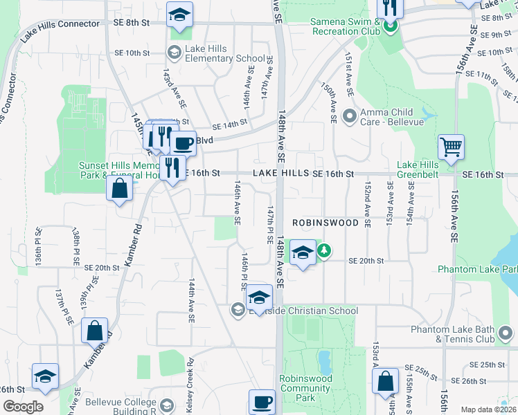 map of restaurants, bars, coffee shops, grocery stores, and more near 1713 147th Place Southeast in Bellevue