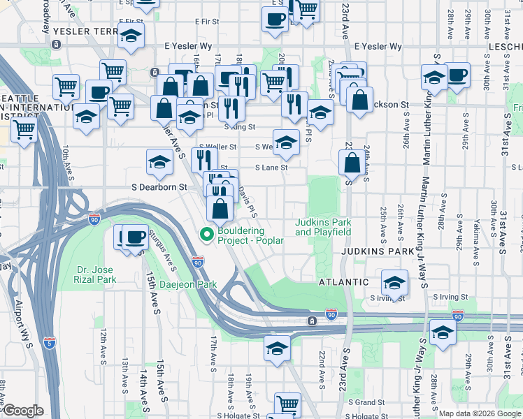 map of restaurants, bars, coffee shops, grocery stores, and more near 828 19th Avenue South in Seattle