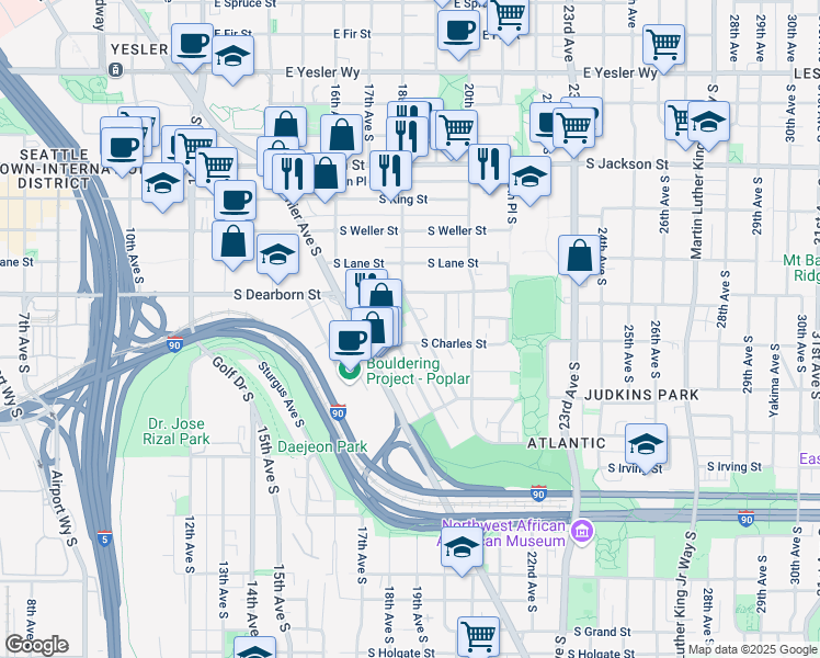 map of restaurants, bars, coffee shops, grocery stores, and more near 833 Davis Place South in Seattle