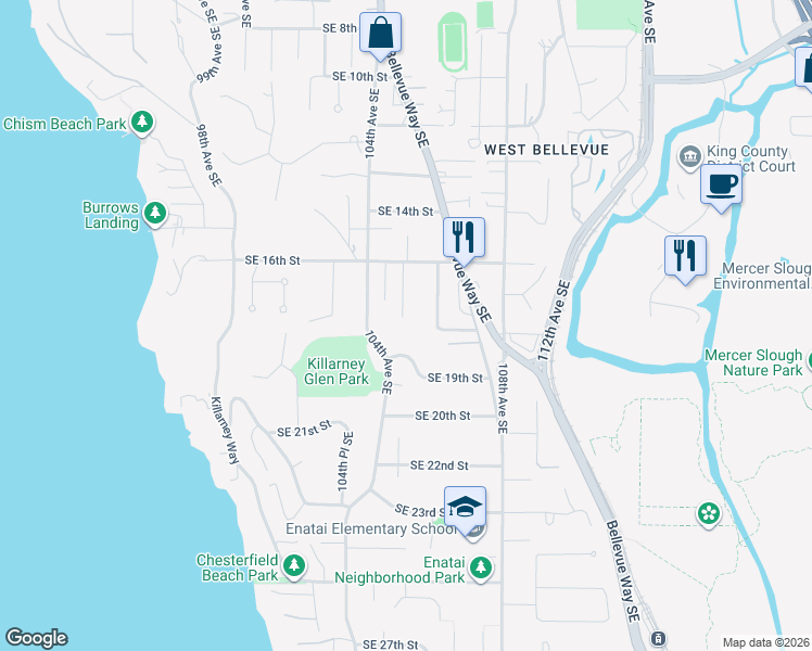 map of restaurants, bars, coffee shops, grocery stores, and more near 1658 105th Avenue Southeast in Bellevue