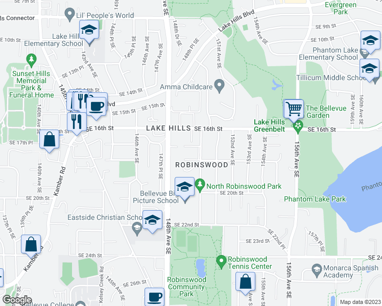 map of restaurants, bars, coffee shops, grocery stores, and more near 1717 150th Avenue Southeast in Bellevue