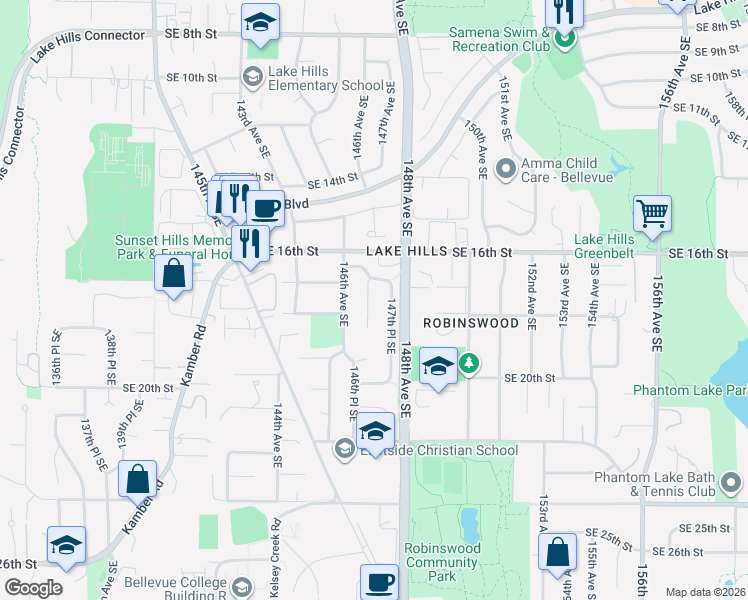 map of restaurants, bars, coffee shops, grocery stores, and more near 1713 147th Place Southeast in Bellevue