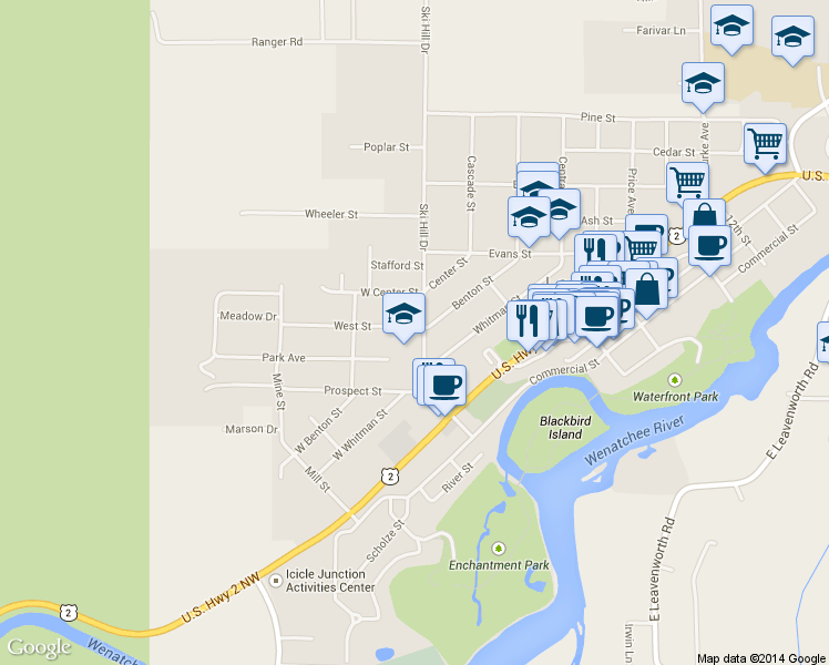 map of restaurants, bars, coffee shops, grocery stores, and more near 129 Ski Hill Drive in Leavenworth
