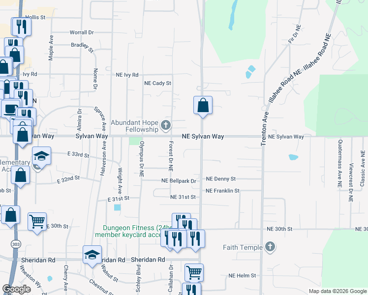 map of restaurants, bars, coffee shops, grocery stores, and more near 2116 Northeast Sunrise Drive in Bremerton