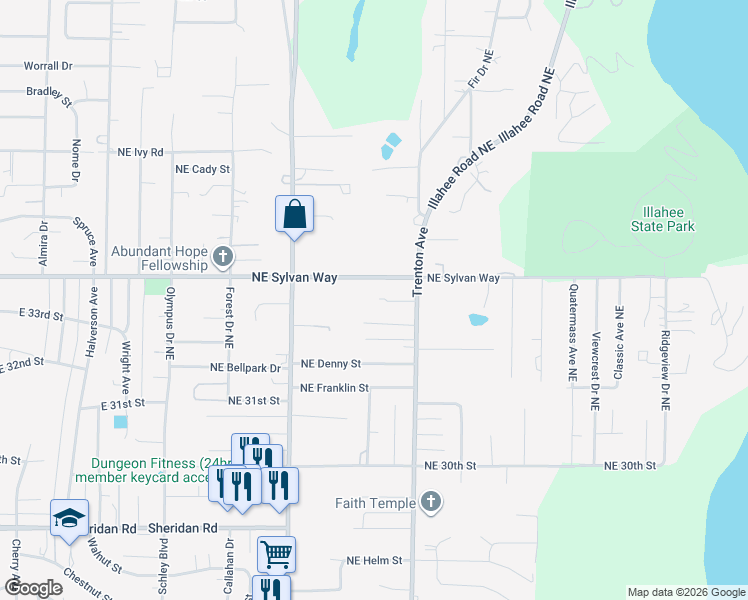 map of restaurants, bars, coffee shops, grocery stores, and more near 2527 Northeast Strassburg Street in Bremerton