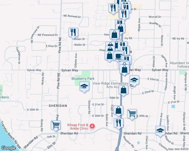 map of restaurants, bars, coffee shops, grocery stores, and more near 3324 Phillips Avenue in Bremerton