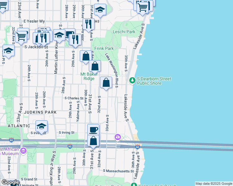 map of restaurants, bars, coffee shops, grocery stores, and more near 825 Lake Washington Boulevard South in Seattle