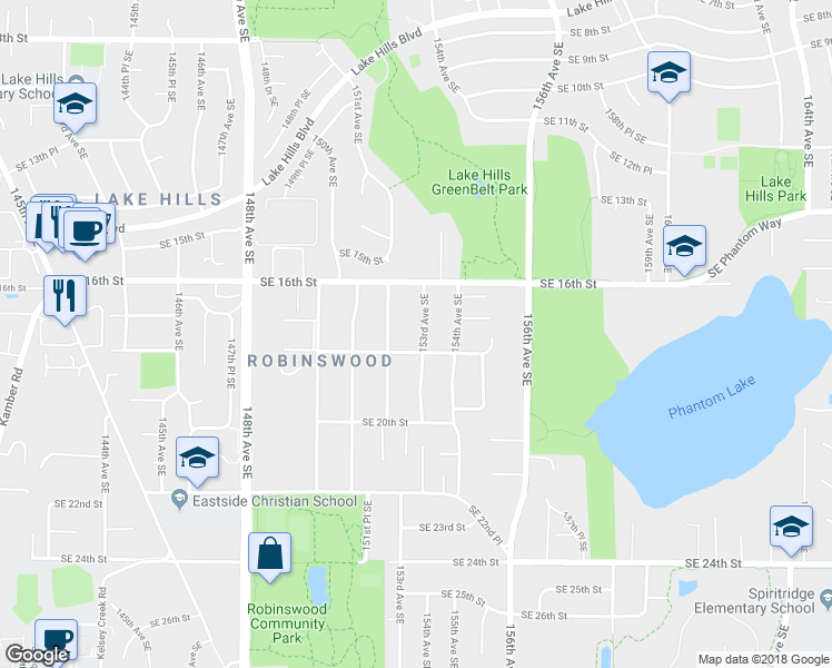 map of restaurants, bars, coffee shops, grocery stores, and more near 1647 153rd Avenue Southeast in Bellevue
