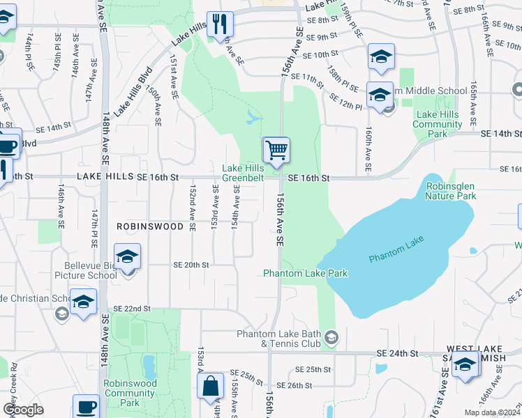 map of restaurants, bars, coffee shops, grocery stores, and more near 15502 Southeast 18th Street in Bellevue