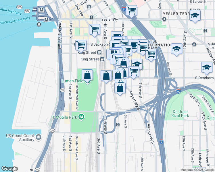 map of restaurants, bars, coffee shops, grocery stores, and more near 830 4th Avenue South in Seattle