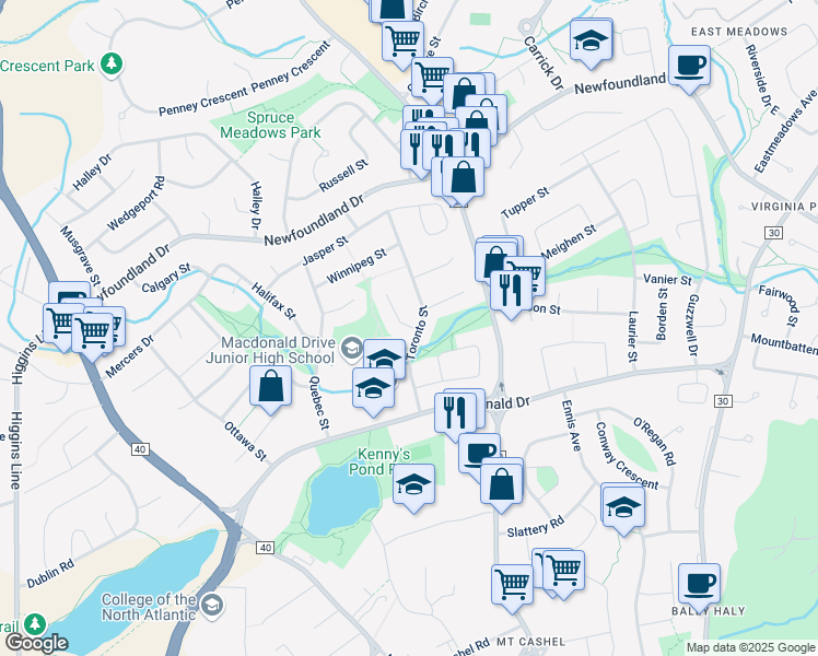 map of restaurants, bars, coffee shops, grocery stores, and more near 5 Charlottetown Place in St. John's