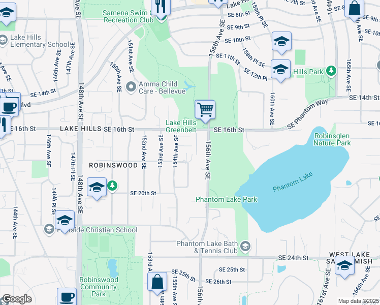map of restaurants, bars, coffee shops, grocery stores, and more near 15502 Southeast 18th Street in Bellevue