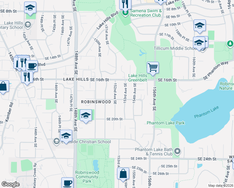 map of restaurants, bars, coffee shops, grocery stores, and more near 1647 152nd Avenue Southeast in Bellevue