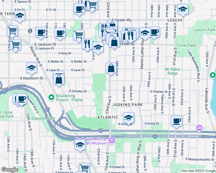 map of restaurants, bars, coffee shops, grocery stores, and more near in Seattle