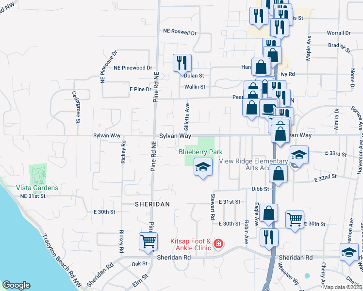 map of restaurants, bars, coffee shops, grocery stores, and more near 709 Sylvan Way in Bremerton