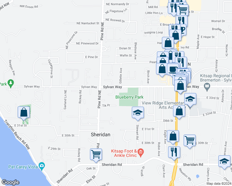 map of restaurants, bars, coffee shops, grocery stores, and more near 672 Northpark Lane in Bremerton