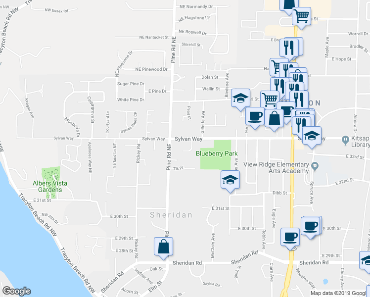 map of restaurants, bars, coffee shops, grocery stores, and more near 672 Northpark Lane in Bremerton