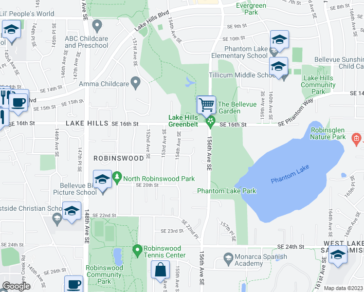 map of restaurants, bars, coffee shops, grocery stores, and more near 1654 154th Avenue Southeast in Bellevue