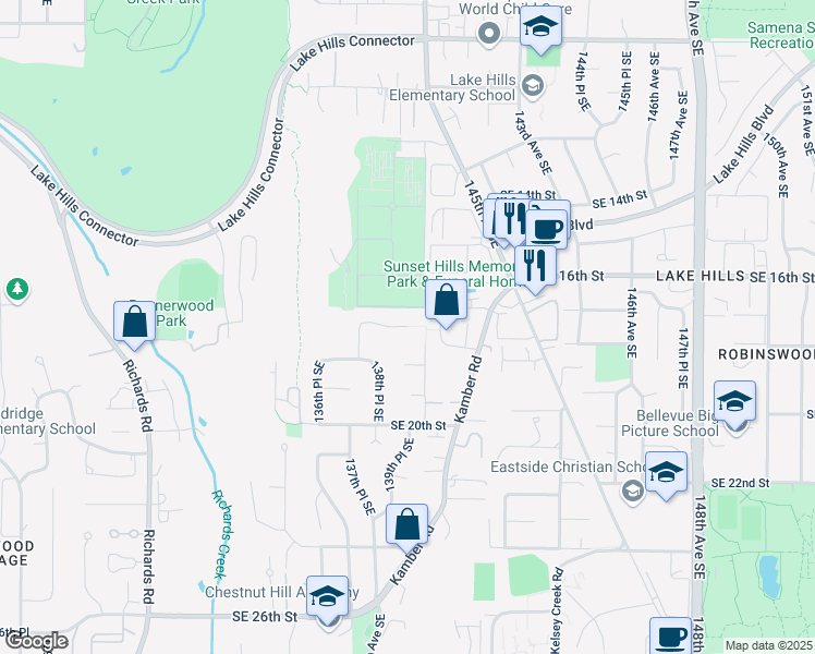 map of restaurants, bars, coffee shops, grocery stores, and more near 14130 Southeast 17th Street in Bellevue