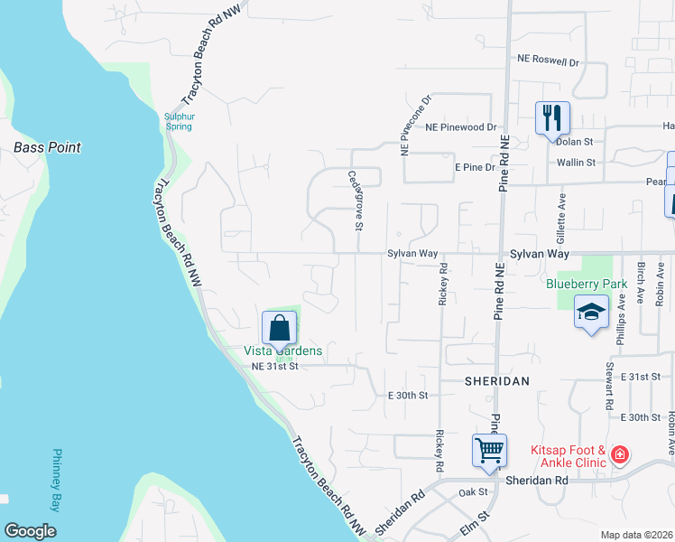 map of restaurants, bars, coffee shops, grocery stores, and more near 3353 Apaloosa Way Northeast in Bremerton