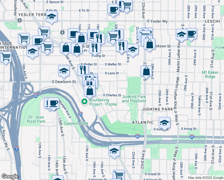 map of restaurants, bars, coffee shops, grocery stores, and more near 828 19th Avenue South in Seattle