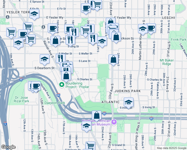 map of restaurants, bars, coffee shops, grocery stores, and more near 2015 South Nye Place in Seattle