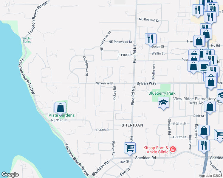 map of restaurants, bars, coffee shops, grocery stores, and more near 355 Stonewood Place in Bremerton