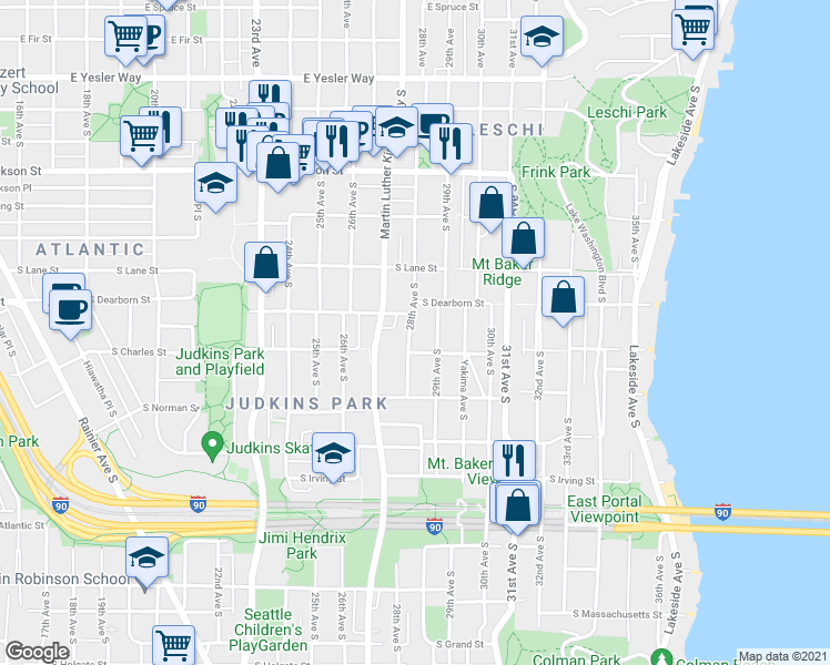 map of restaurants, bars, coffee shops, grocery stores, and more near 824a 28th Avenue South in Seattle