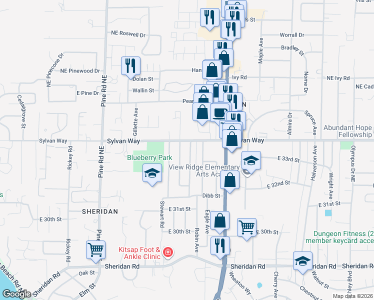 map of restaurants, bars, coffee shops, grocery stores, and more near 3325 Robin Avenue in Bremerton