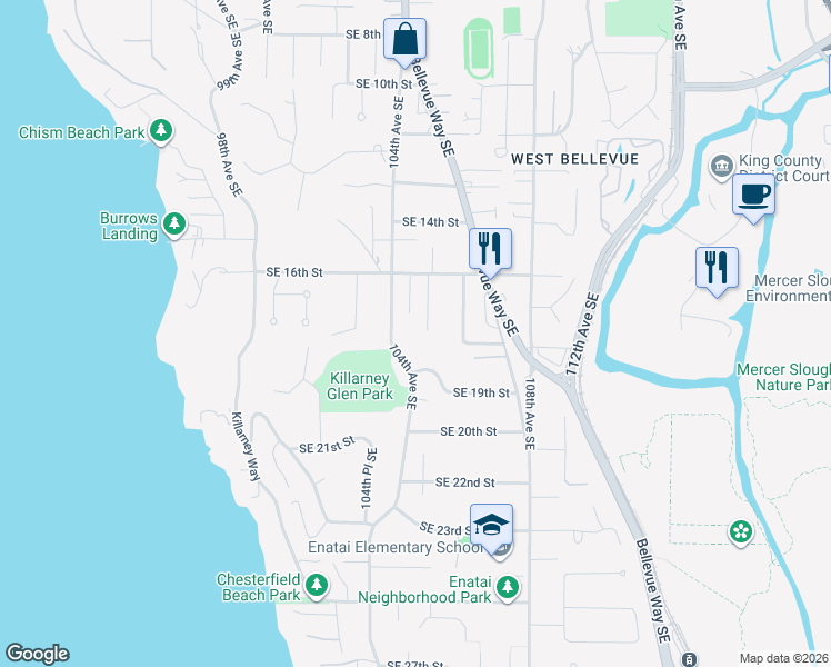 map of restaurants, bars, coffee shops, grocery stores, and more near 1658 105th Avenue Southeast in Bellevue