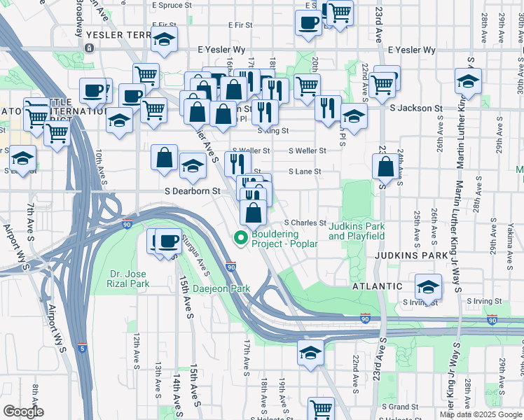 map of restaurants, bars, coffee shops, grocery stores, and more near 835 Hiawatha Place South in Seattle